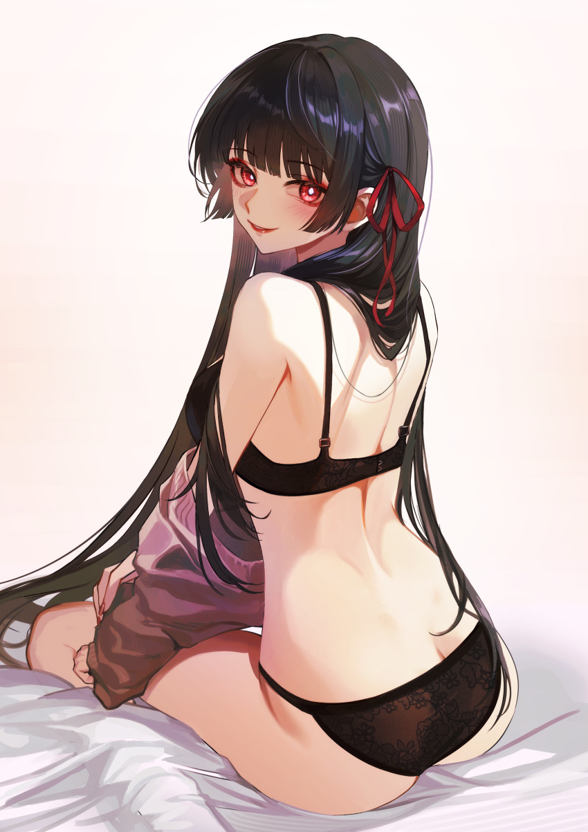 1girl absurdres ass back bare_shoulders black_bra black_hair black_panties bra butt_crack chinese_commentary chisa_(wuthering_waves) commentary_request from_behind hair_ribbon hei_xing_(pixiv_5165661) highres long_hair looking_at_viewer looking_back median_furrow panties parted_lips red_eyes red_ribbon ribbon shoulder_blades sitting smile solo thighs underwear undressing very_long_hair wuthering_waves