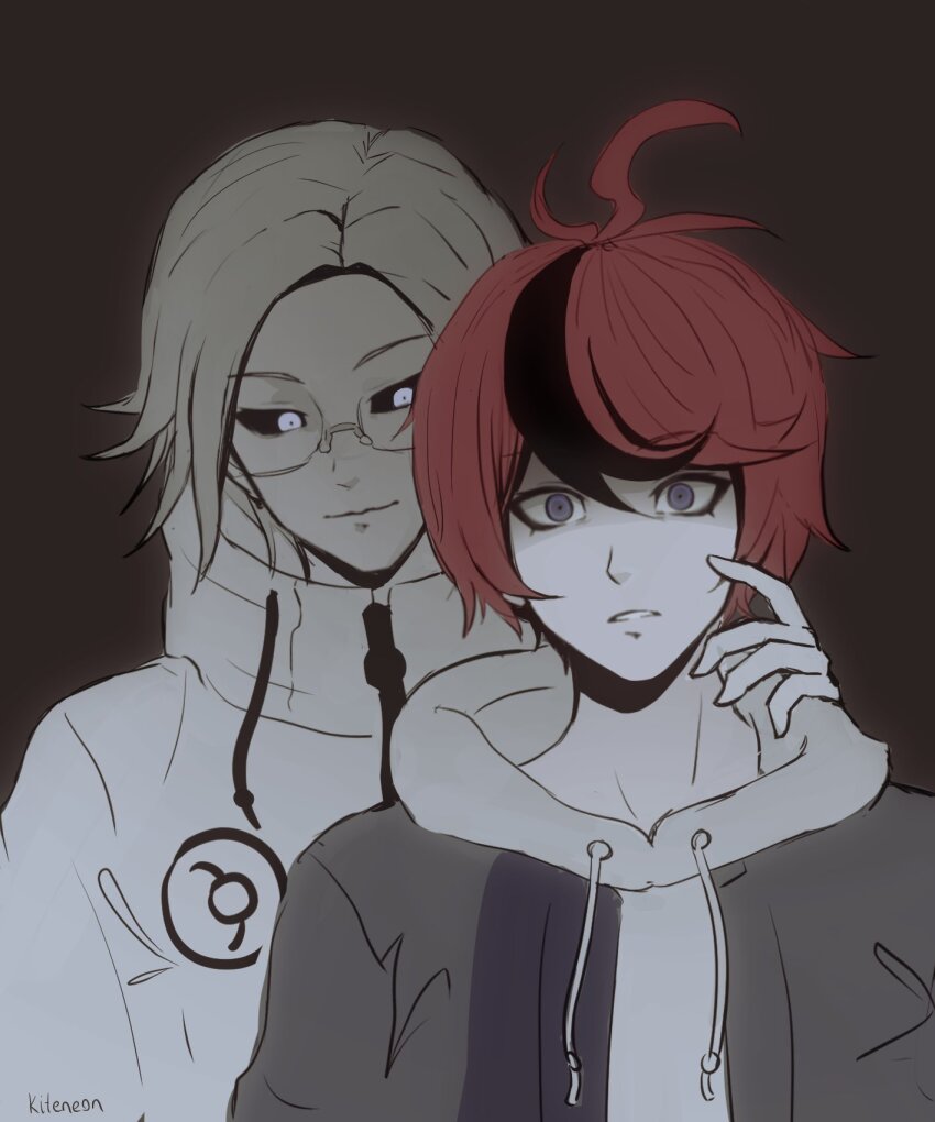 2boys aotsuki_eito black_hair black_sclera blue_eyes closed_mouth colored_sclera drawstring frown glasses grey_background hand_up highres hood hoodie jacket kiteneon male_focus messy_hair multiple_boys open_mouth parted_hair red_hair simple_background smile sumino_takumi the_hundred_line_-last_defense_academy- upper_body white_hair white_hoodie white_jacket
