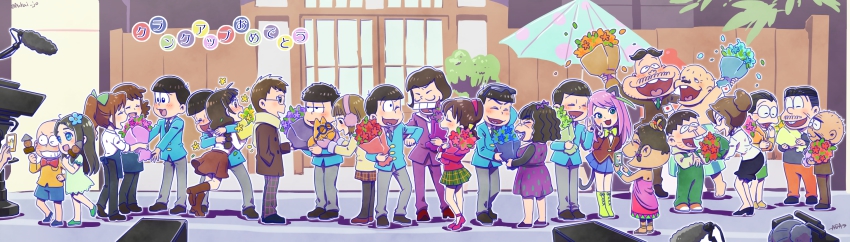 10s 6+boys 6+girls :3 ;d ^_^ absurdres aida_(osomatsu-san) animal animal_ears apron arm_behind_back arm_up artist_name back bald barefoot black_footwear black_legwear black_necktie black_pants black_skirt blue_apron blue_eyes blue_flower blue_shorts blue_skirt blush boots bouquet bow bowtie bracelet braid brothers brown_hair buck_teeth cable camera cat cat_ears cat_tail chibita closed_eyes coat collared_shirt couple covering_own_mouth dark_skin dayoon dayoon_girl dekapan dobusu_(osomatsu-san) dress earmuffs employee_uniform esper_nyanko everyone extra eyebrows eyewear_on_head facial_hair family flower flower_fairy_(osomatsu-kun) food formal_clothes fukai_(yas_lions) futsuumaru gift glasses glasses_boy_(osomatsu-san) green_bow green_dress green_flower green_skirt grey_pants grin hair_bow hair_bun hair_flower hair_ornament hairband hand_in_pocket happy hashimoto_nyaa hatabou heart heart_in_mouth hetero high_heels highres hijirisawa_shonosuke holding holding_animal holding_bouquet holding_cat holding_food holding_phone hood hood_down hug husband_and_wife iyami jacket jewelry jyushimatsu&#039;s_girlfriend laughing leaning_forward leaning_on_person legs_apart lipstick long_sleeves looking_at_another looking_at_viewer makeup matsuno_choromatsu matsuno_ichimatsu matsuno_jyushimatsu matsuno_karamatsu matsuno_matsuyo matsuno_matsuzou matsuno_osomatsu matsuno_todomatsu messy_hair microphone miniskirt mittens multicolored_hair multiple_boys multiple_girls necklace necktie oden one_eye_closed open_mouth orange_flower orange_pants osomatsu-kun osomatsu-san osomatsu_(series) out_of_frame outdoors outstretched_arms overalls pants pantyhose petals phone pink_flower pink_lips plant pleated_skirt ponytail purple_dress purple_flower purple_jacket purple_pants red_bow red_bowtie red_flower red_footwear red_skirt sachiko_(osomatsu-san) sandals sextuplets shirt shoes short-haired_girl_(osomatsu-san) short_sleeves shorts siblings single_braid single_hair_bun skirt sliding_doors smile standing standing_on_one_leg streaked_hair suit sunglasses tail taking_picture tears teeth topless_male traditional_bowtie tree tv_camera umbrella v wavy_hair white_shirt yellow_flower yellow_shirt yowai_totoko