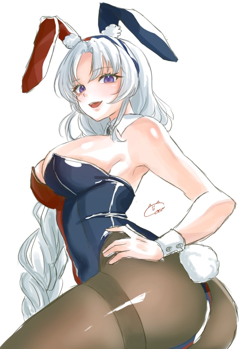 0002koko 1girl :d absurdres adapted_costume animal_ears ass black_pantyhose blush braid braided_ponytail breasts commentary_request cowboy_shot curvy detached_collar fake_animal_ears fake_tail from_side grey_hair highres large_breasts leotard long_hair looking_at_viewer mature_female multicolored_leotard open_mouth panties pantyhose parted_bangs playboy_bunny purple_eyes rabbit_ears rabbit_tail revision signature simple_background sketch smile solo strapless strapless_leotard tail teeth thighband_pantyhose touhou underwear upper_teeth_only very_long_hair white_background white_wrist_cuffs wrist_cuffs yagokoro_eirin yellow_panties