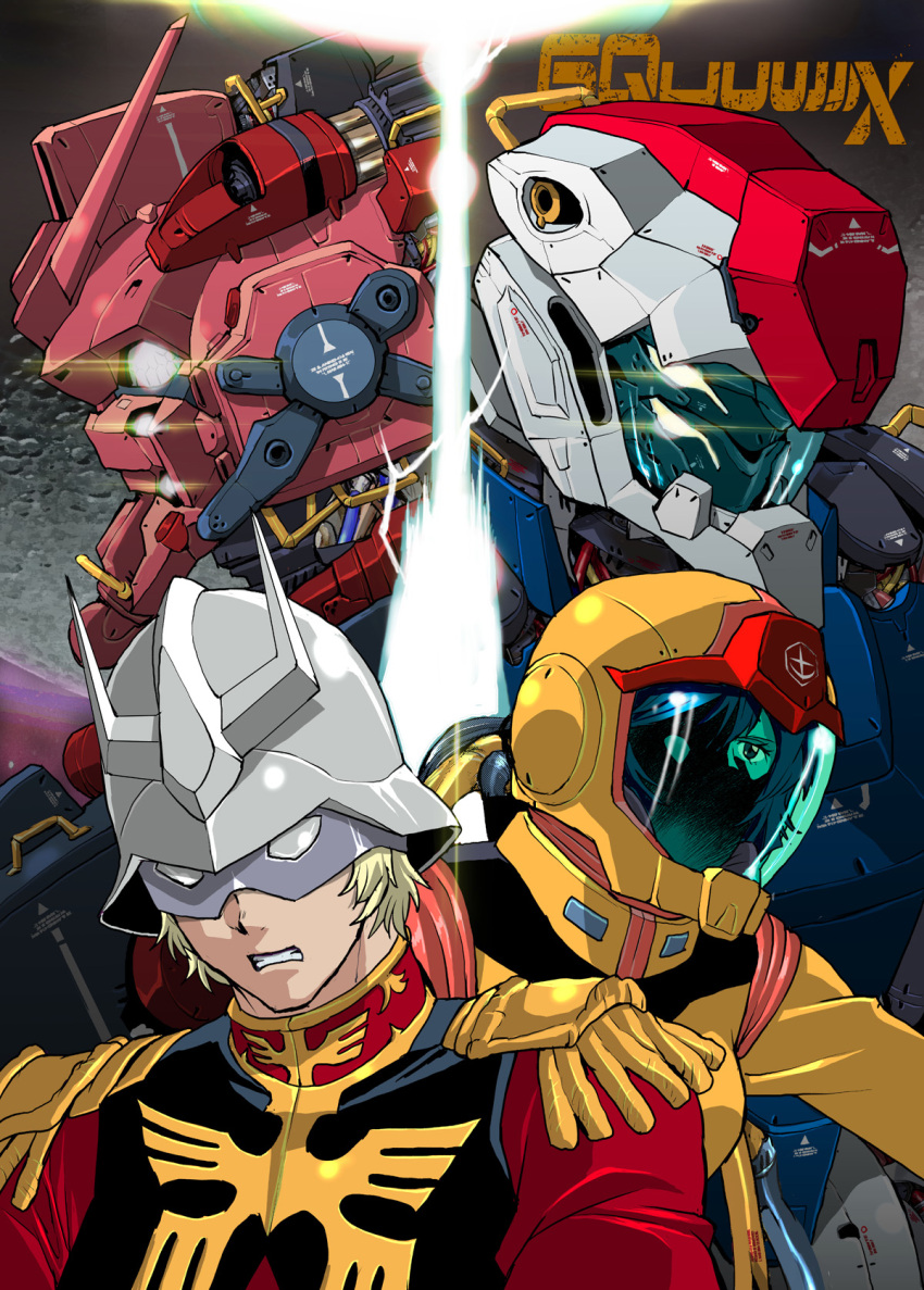 1boy 1girl belt blonde_hair breasts brother_and_sister char_aznable cockpit commentary_request epaulettes gundam gundam_gquuuuuux helmet highres long_sleeves mask mecha mecha_pilot_suit military military_uniform mobile_suit normal_suit_(gundam) pilot purple_eyes red_gundam robot sayla_mass science_fiction short_hair siblings takuma_tomomasa v-fin zeon