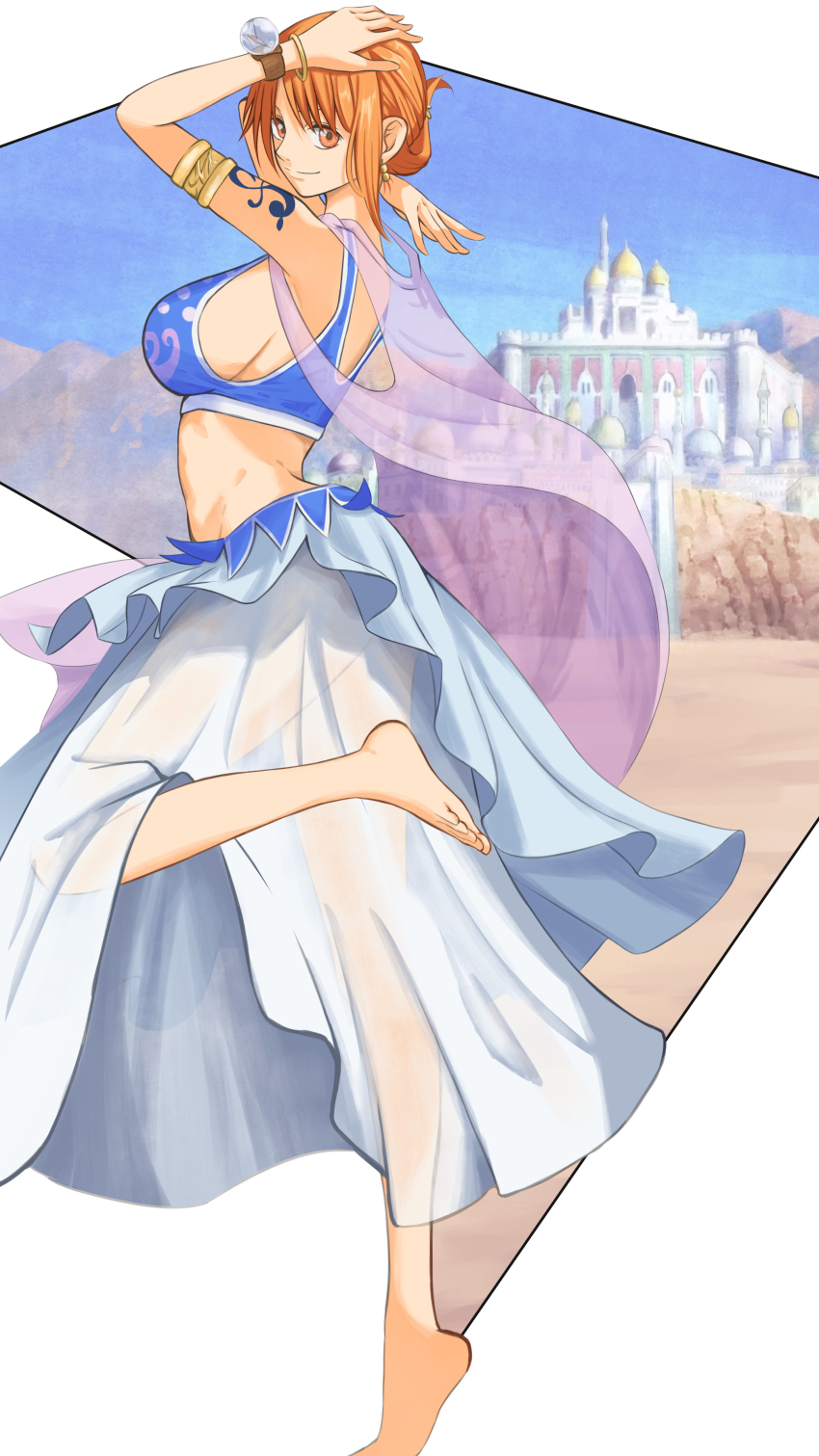 1girl absurdres arabian_clothes armlet bare_arms bare_shoulders barefoot bracelet breasts closed_mouth commentary_request crop_top dancer earrings folded_hair harem_outfit highres jewelry kashumashux51 large_breasts log_pose long_skirt looking_at_viewer nami_(one_piece) nami_(one_piece)_(alabasta) one_piece orange_eyes orange_hair palace short_hair shoulder_tattoo sideboob skirt smile solo standing standing_on_one_leg tattoo veil white_skirt