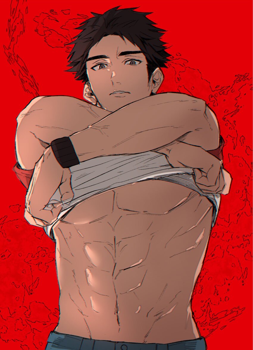 1boy abs arms_up bare_pectorals black_hair blue_pants clothes_lift commentary cowboy_shot crossed_arms denim english_commentary grey_eyes groin highres jeans looking_at_viewer male_focus nintendo pants parted_lips pectorals pokemon pokemon_sm red_(pokemon) red_background shirt shirt_lift short_sleeves sinm_i solo t-shirt teeth toned toned_male veins veiny_arms wristband