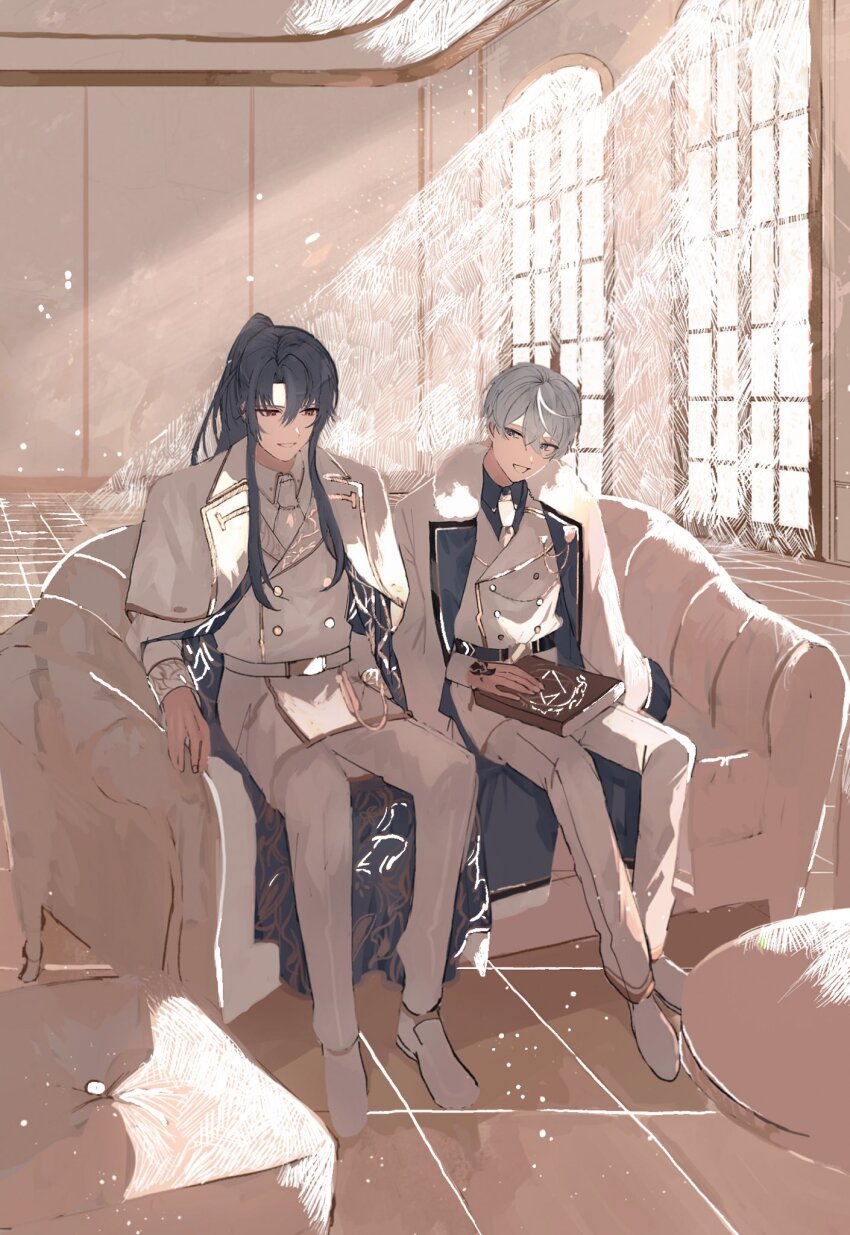 22kolink 2boys arthur_grandwell black_hair blue_hair book buttons collared_shirt couch full_body hair_between_eyes highres holding holding_book indoors jacket long_hair long_sleeves mahoutsukai_no_yakusoku male_focus multiple_boys necktie oz_(mahoutsukai_no_yakusoku) pants shirt short_hair sitting smile sunlight table white_hair window