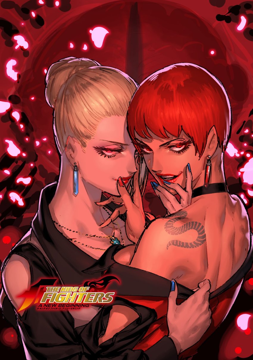 &gt;:d 2girls :d azuma_kyoutarou_(artist) back bare_shoulders black_choker blonde_hair blue_nails breasts check_commentary choker commentary commentary_request copyright_name couple cuddling earrings female_focus grabbing_another&#039;s_chin hair_bun half-closed_eyes hand_in_mouth highres hug jewelry lipstick logo looking_at_viewer looking_back makeup mature_(kof) medium_breasts multiple_girls nail_polish naughty_face neck necklace off_shoulder official_art open_mouth parted_lips red_eyes red_hair red_lips red_nails short_hair smile snk tattoo the_king_of_fighters the_king_of_fighters_xiv upper_body vice_(kof) yuri