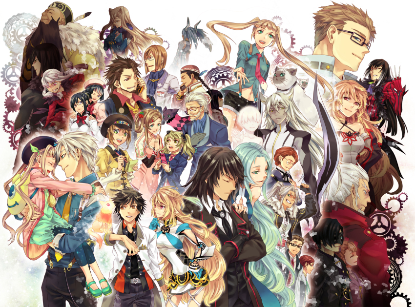 6+boys 6+girls agria_(tales) ahoge albino alvin_(tales) annotated balan beard beret bisley_karcsi_bakur black_hair blonde_hair blue_eyes brown_eyes brown_hair capri_pants cat celsius celsius_(tales) clark_(tales) closed_eyes coat driselle_k._sharil dual_persona elize_lutus elle_mel_martha everyone facial_hair freckles fur_trim gaius_(tales) glasses gloves green_eyes green_hair hat highres isla_(tales) isla_(tales_of_xillia) ivar_(tales) jacket jiao_(tales) jude_mathis julius_will_kresnik khronos kolulu_(tales) lal_mel_marta leia_rolando long_hair ludger_will_kresnik marcia_(tales) miho_(mi) milla_(fractured) milla_maxwell multicolored_hair multiple_boys multiple_girls muzet_(tales) necktie nova_(tales) nova_(tales_of_xillia_2) origin pants pink_necktie pointy_ears ponytail presa presa_(tales) red_eyes rideau rideau_(tales) rollo_(tales) rowen_j._ilbert short_hair smile spoilers tales_of_(series) tales_of_xillia tales_of_xillia_2 teepo_(tales) ternet_(tales) twintails two-tone_hair vel_(tales) vel_(tales_of_xillia_2) victor_(tales) white_hair wingul wingul_(tales) yurgen