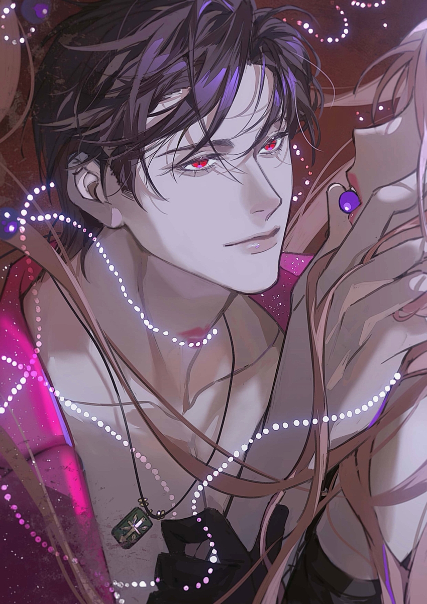 1boy 1girl absurdres beads black_hair closed_mouth couple csw- eyelashes hand_on_another&#039;s_face highres jewelry light_and_night_love light_smile lips lipstick_mark lipstick_mark_on_neck long_hair looking_at_another lu_chen necklace open_mouth parted_bangs pearl_necklace pink_hair pink_lips pink_shirt protagonist_(light_and_night_love) red_eyes shirt short_hair teeth upper_teeth_only