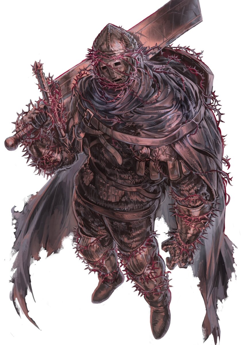 1boy armor bell_bearing_hunter_(elden_ring) cape chainmail elden_ring elden_ring_nightreign elemer_of_the_briar executioner&#039;s_sword full_armor full_body helmet highres mask nameno92372763 over_shoulder perspective shield shield_on_back solo thorns torn_cape torn_clothes tower_shield weapon weapon_over_shoulder white_background