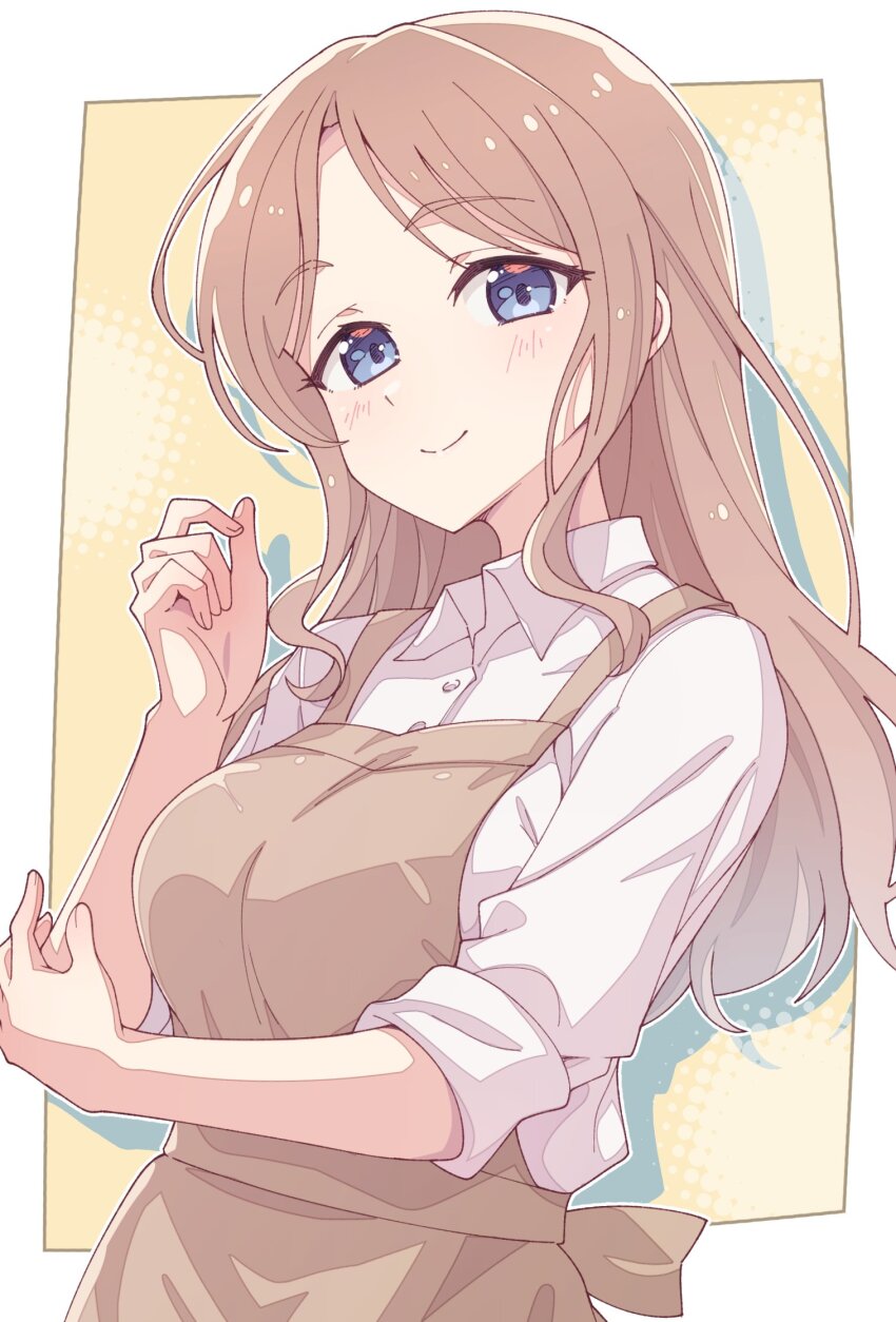 1girl apron bang_dream! bang_dream!_it&#039;s_mygo!!!!! blue_eyes blush border breasts brown_apron brown_hair closed_mouth collared_shirt commentary dress_shirt drop_shadow e20 highres long_hair looking_at_viewer medium_breasts nagasaki_soyo outside_border shirt sidelocks three-quarter_sleeves smile solo upper_body white_border yellow_background
