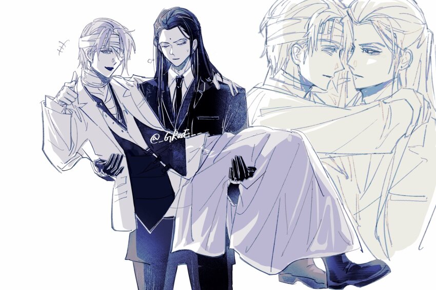 2boys arms_around_neck bandaged_head bandaged_neck bandages bindi black_gloves black_jacket black_necktie black_pants black_shoes black_suit closed_eyes coat collared_shirt final_fantasy final_fantasy_vii formal_clothes gloves grose highres jacket long_hair male_focus multiple_boys necktie one_eye_covered open_mouth pants parted_bangs pointing pointing_at_viewer rufus_shinra shirt shoes short_hair sigh smile suit suit_jacket sweatdrop tseng twitter_username white_background white_coat white_shirt yaoi