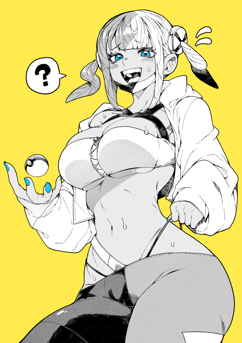 1girl ? absurdres adjusting_clothes adjusting_panties bandeau blue_nails blunt_bangs blush breasts canari_(pokemon) cleavage commentary cowboy_shot flying_sweatdrops furrowed_brow greyscale_with_colored_background highres hood hooded_jacket jacket large_breasts looking_at_viewer mask mask_pull medium_hair mouth_mask multicolored_hair nail_polish navel nintendo open_clothes open_jacket open_mouth panties pants panty_straps poke_ball poke_ball_(basic) pokemon pokemon_legends:_z-a sidelocks simple_background single_off_shoulder solo split-color_clothes split-color_hair spoken_question_mark spot_color standing strap_pull strapless sweatdrop teeth tight_clothes tight_pants tube_top twintails two-tone_hair two-tone_mask two-tone_pants underwear yellow_background yotsumi_shiro