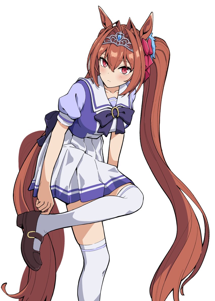 1girl absurdres animal_ears blush bow bowtie breasts brown_hair daiwa_scarlet_(umamusume) hair_between_eyes hair_intakes highres horse_ears horse_girl horse_tail horseshoe_ornament large_breasts leg_up loafers long_hair looking_at_viewer oxymoron_0213 pleated_skirt puffy_short_sleeves puffy_sleeves purple_bow purple_bowtie purple_shirt red_eyes sailor_collar sailor_shirt school_uniform shirt shoes short_sleeves skirt solo tail thighhighs tiara tracen_school_uniform twintails umamusume very_long_hair white_skirt white_thighhighs