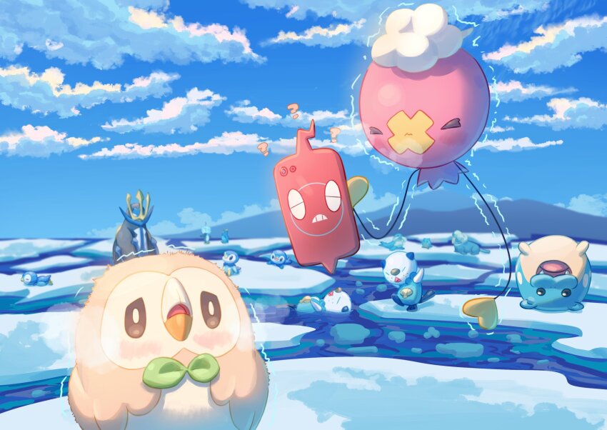 &gt;_&lt; ? afloat blush breath bright_pupils brown_eyes closed_mouth cloud cold commentary_request day drifloon eiscue eiscue_(ice) empoleon frown gen_3_pokemon gen_4_pokemon gen_5_pokemon gen_7_pokemon gen_8_pokemon highres ice mokukitusui nintendo no_humans open_mouth oshawott outdoors piplup pokemon pokemon_(creature) prinplup rotom rotom_phone rowlet sealeo sky spheal trembling walrein water