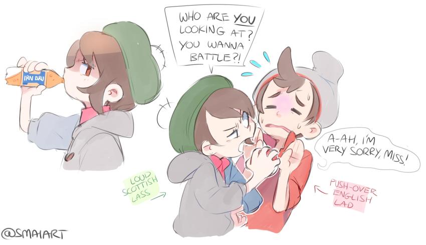1boy 1girl backpack bag blush brown_eyes brown_hair drinking english_text gloria_(pokemon) green_hat grey_hat hair_between_eyes hat highres nintendo open_mouth poke_ball pokemon pokemon_swsh sami_briggs short_hair simple_background victor_(pokemon) white_background