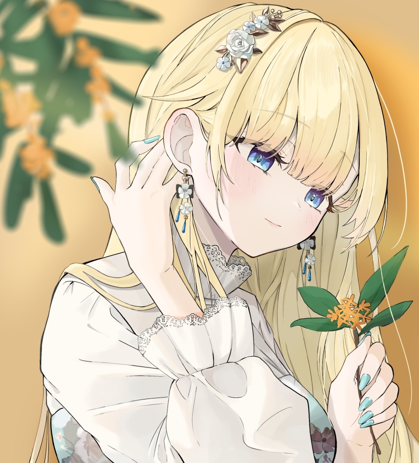 1girl aizawa_ema aizawa_ema_(3rd_costume) blonde_hair blue_dress blue_eyes blue_nails dontsu dress earrings floral_print floral_print_dress flower flower_earrings hair_flower hair_ornament highres holding holding_flower jewelry lace-trimmed_collar lace-trimmed_sleeves lace_trim long_sleeves orange_background orange_flower print_dress shirt solo tucking_hair upper_body virtual_youtuber vspo! white_flower white_shirt