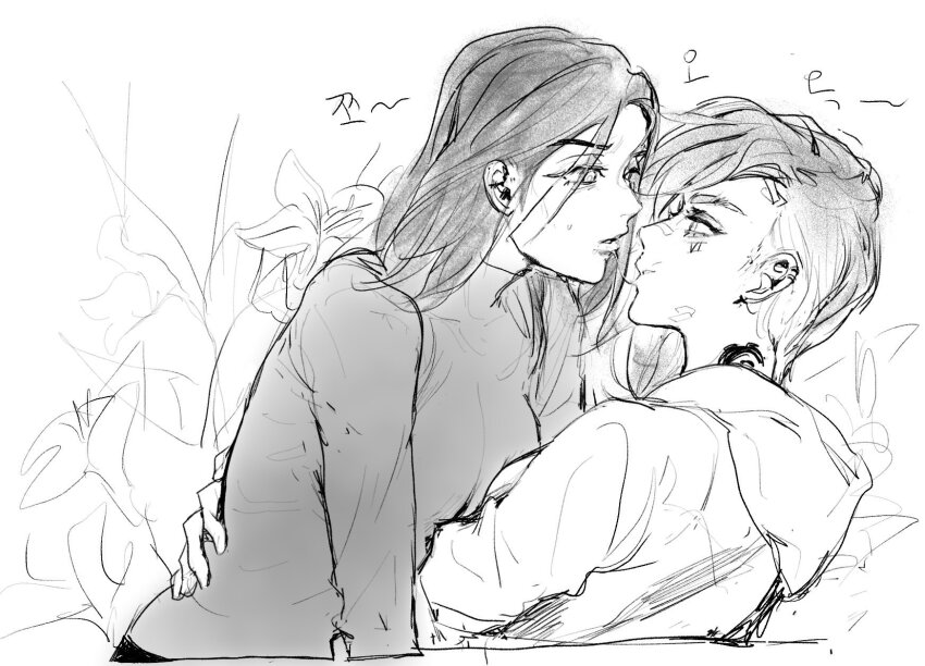 2girls after_kiss arcane:_league_of_legends arcane_caitlyn arcane_vi caitlyn_(league_of_legends) cvj_arcane eye_contact facial_tattoo greyscale hand_on_another&#039;s_back highres hood hoodie league_of_legends long_hair looking_at_another monochrome multiple_girls parted_lips saliva saliva_trail short_hair sweatdrop sweater tattoo turtleneck turtleneck_sweater upper_body vi_(league_of_legends) yuri