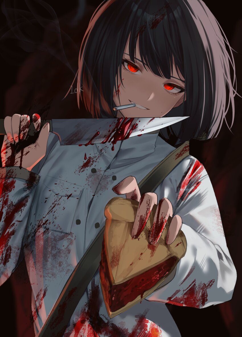 1girl black_hair blood blood_on_clothes bloody_weapon bob_cut chef cigarette food grin highres holding holding_food jacket limbus_company looking_at_viewer meat_pie pie pie_slice project_moon r.b._(identity)_(project_moon) ryoshu_(project_moon) short_hair smile smoke smoking sohdvh_khos_ph solo weapon white_jacket