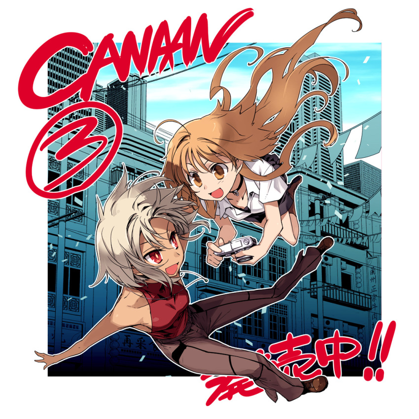 2girls 428 428:_fuusa_sareta_shibuya_de boots brown_eyes building camera canaan_(character) canaan_(series) chunsoft city green_eyes green_hair grey_hair ishida_akira jewelry long_hair multiple_girls necklace oosawa_maria open_mouth shorts smile