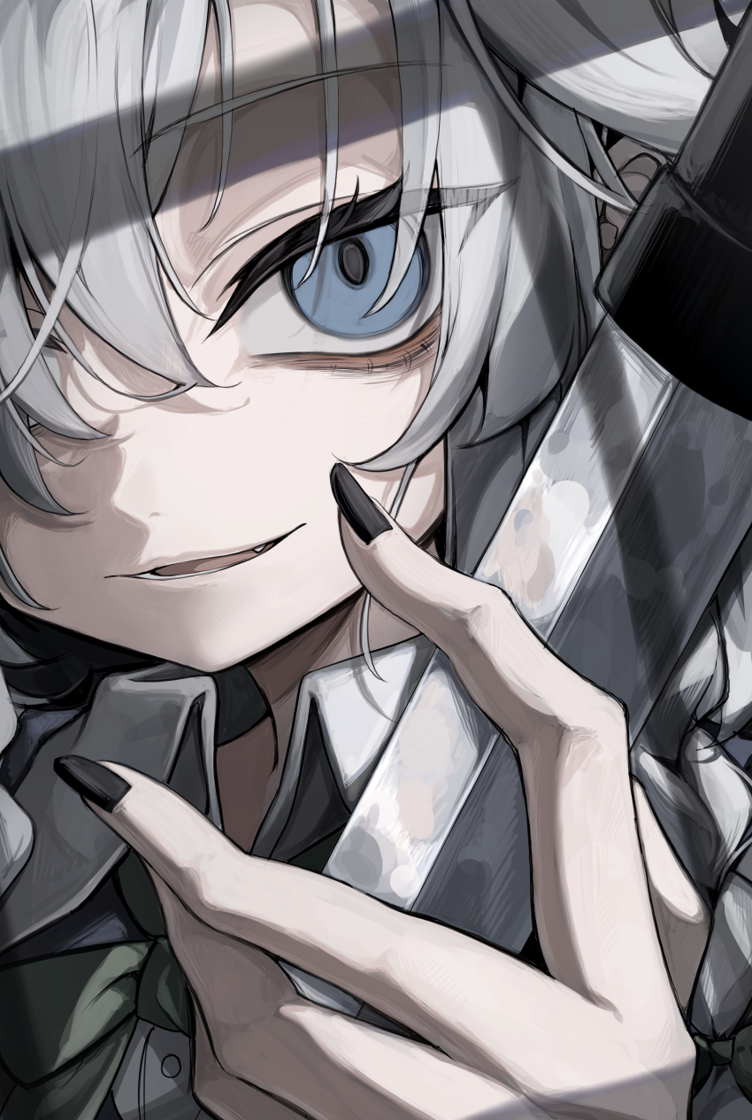 1girl absurdres black_bow black_nails blue_dress blue_eyes bow bowtie braid buttons collared_shirt commentary_request dagger dress fang fingernails green_bow green_bowtie grey_hair hair_bow hair_over_one_eye highres hisha_(kan_moko) holding holding_dagger holding_knife holding_weapon izayoi_sakuya knife long_fingernails looking_at_viewer nail_polish open_mouth shirt short_hair smile solo teeth touhou twin_braids weapon white_shirt
