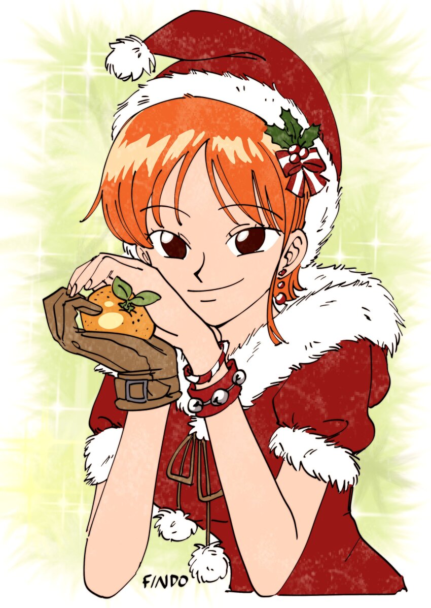 1girl absurdres artist_name bracelet brown_eyes closed_mouth coat commentary earrings findoworld food fruit fur-trimmed_coat fur-trimmed_headwear fur_trim gloves hat highres holding holding_food holding_fruit holly jewelry looking_at_viewer nami_(one_piece) one_piece orange_(fruit) orange_hair pom_pom_(clothes) red_coat red_hat santa_costume santa_hat short_hair short_sleeves single_glove smile solo upper_body