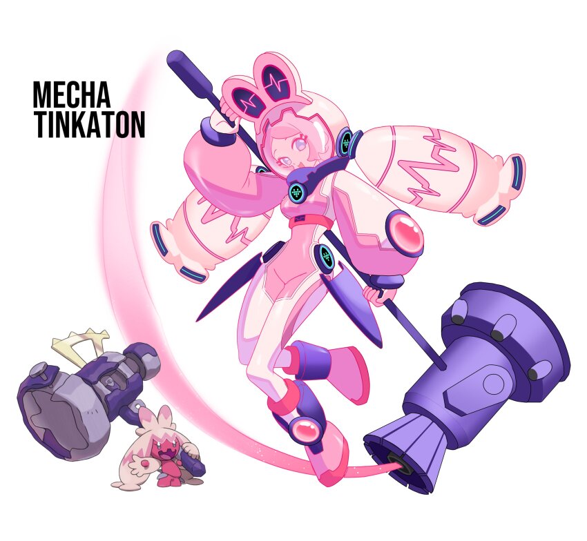 1girl absurdres animal_ears animal_ears_helmet animal_helmet arm_up bodysuit boots cardiogram character_name creature_and_personification creatures_(company) eyelashes game_freak gloves hammer heart helmet highres holding holding_hammer humanization light_trail long_sleeves looking_at_viewer mecha_musume nintendo official_art_inset open_mouth personification pink_bodysuit pink_gemstone pink_gloves pink_light pixel_heart pokemon reference_inset rhymewithray smile solo space_helmet spacesuit thrusters tinkaton twintails wide_sleeves