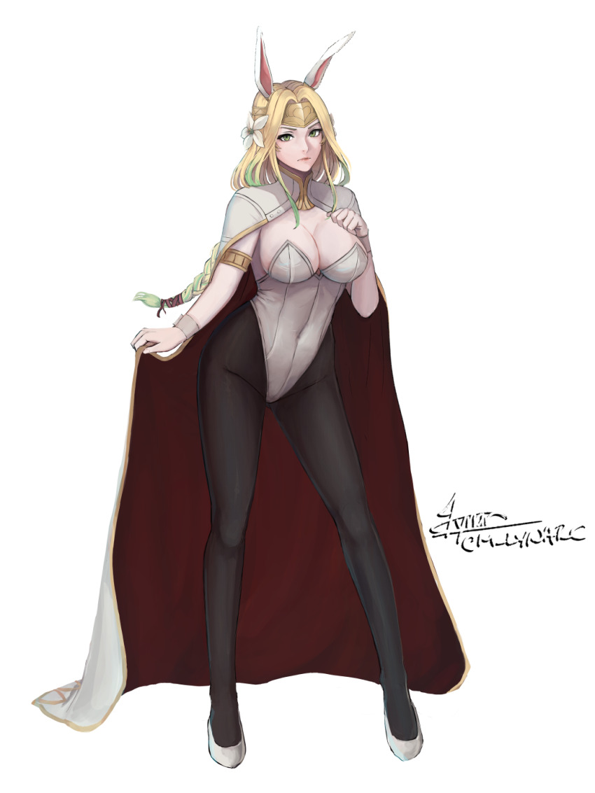 1girl alternate_costume alternate_hair_color animal_ears blonde_hair braid braided_ponytail breasts cape circlet cleavage covered_navel fire_emblem fire_emblem:_three_houses flower green_eyes green_hair hair_flower hair_ornament hair_tie high_heels highres holding holding_unworn_cape holding_unworn_clothes large_breasts leotard long_hair lynarc multicolored_hair nintendo pantyhose playboy_bunny rabbit_ears seiros_(fire_emblem) solo transparent_background two-tone_hair unworn_cape watermark white_cape