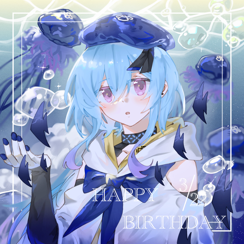 1boy :o again_nuo air_bubble arknights beret black_gloves blue_hair blue_hat bubble cloak dated gloves hair_between_eyes happy_birthday hat highres inset_border jellyfish long_hair looking_at_viewer male_focus mizuki_(arknights) purple_eyes underwater upper_body white_cloak
