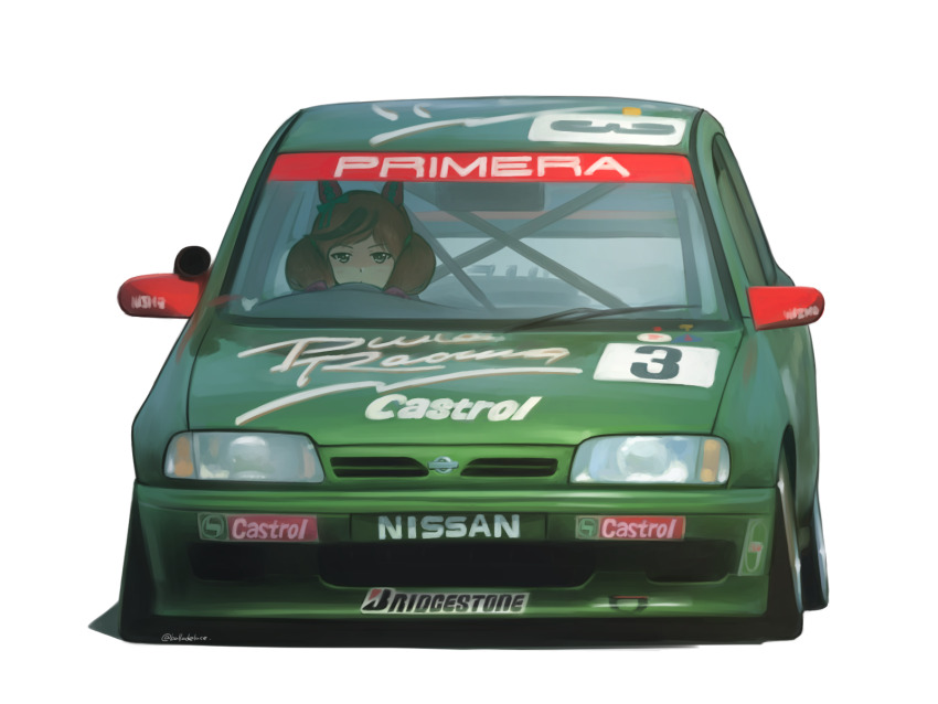 animal_ears balladeluce black_hair bridgestone brown_hair car castrol driving ear_covers highres horse_ears horse_girl japanese_touring_car_championship motor_vehicle multicolored_hair nice_nature_(umamusume) nissan nissan_primera nissan_primera_p10 race_vehicle racecar shadow sponsor stance_(vehicle) streaked_hair twintails umamusume vehicle_focus white_background