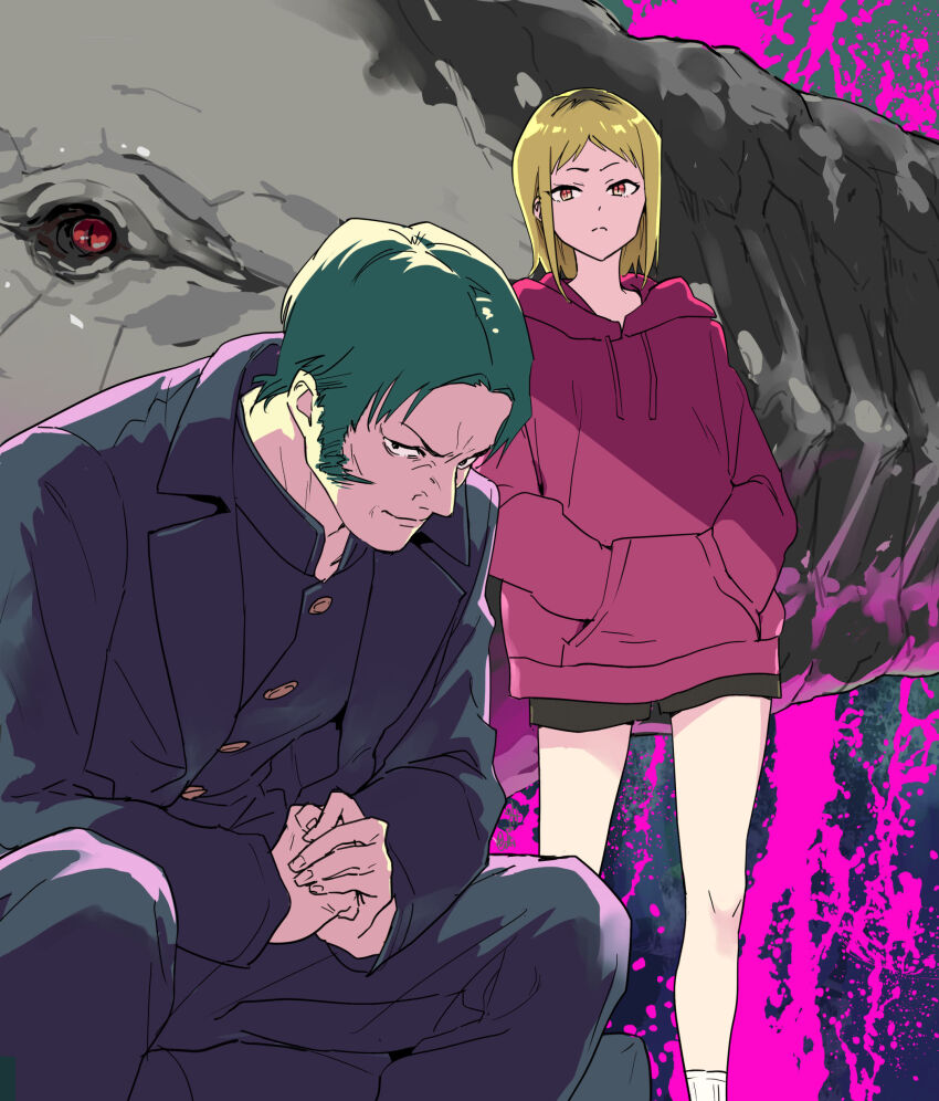 1boy 1girl absurdres blonde_hair chainsaw_man commentary_request frown green_hair hands_in_pockets highres hood hoodie jacket katana_man_(chainsaw_man) looking_at_viewer miman multicolored_hair own_hands_together pants red_eyes red_hoodie roots_(hair) sawatari_akane_(chainsaw_man) short_hair shorts sideburns signature sitting slit_pupils socks splatter_background standing