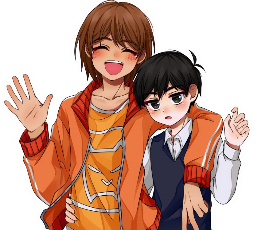2boys :d ^_^ alternate_sleeve_length antenna_hair arm_around_shoulder black_eyes black_hair black_sweater_vest blush bright_pupils brown_hair closed_eyes collared_shirt commentary dark-skinned_male dark_skin double_vertical_stripe english_commentary facing_viewer hair_behind_ear hair_between_eyes hand_up highres jacket kel_(faraway)_(omori) kel_(omori) linglanjunying long_sleeves looking_at_viewer male_focus multiple_boys omori open_clothes open_jacket open_mouth orange_jacket orange_shirt puffy_long_sleeves puffy_sleeves shirt short_hair simple_background smile sunny_(omori) sweater_vest teeth tongue upper_body upper_teeth_only v waving white_background white_shirt