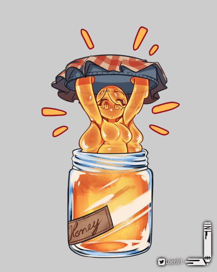 1girl arms_up blonde_hair breasts carrying_overhead colored_skin completely_nude english_text glass grey_background highres holding_lid honey in_container jar large_breasts lid loen long_hair looking_at_viewer monster_girl nude original personification plaid slime_girl solo swept_bangs twitter_username yellow_eyes yellow_skin