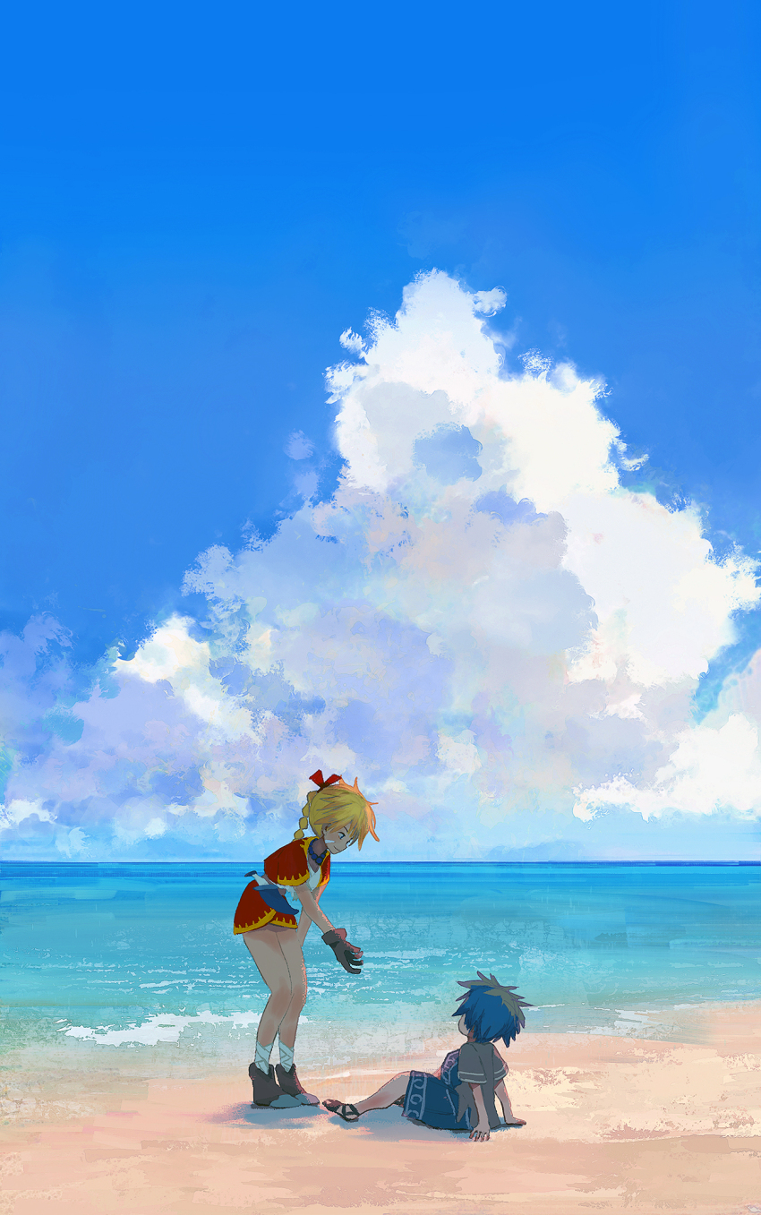 1boy 1girl bandaged_leg bandages beach blonde_hair blue_hair blue_shorts boots brown_boots brown_gloves brown_shirt child chrono_cross cloud cloudy_sky cropped_jacket dagger facial_mark gloves gold_trim hair_between_eyes hair_ribbon highres jacket jewelry kid_(chrono_cross) knife kumotof leaning_forward long_hair miniskirt multi-tied_hair necklace ocean outdoors outstretched_hand ponytail red_jacket red_ribbon red_skirt ribbon serge_(chrono_cross) shirt short_hair short_sleeves shorts sitting skirt sky weapon white_shirt
