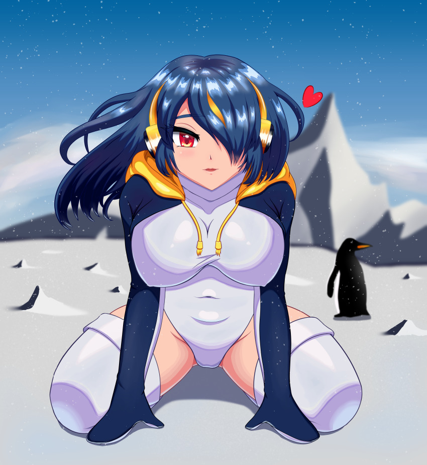1girl ^^^ absurdres bird black_hair black_jacket blue_sky breasts brown_eyes cloud commentary_request covered_navel day drawstring emperor_penguin_(kemono_friends) hair_over_one_eye headphones highres jacket kemono_friends large_breasts leaning_forward leotard long_hair looking_at_viewer mountain multicolored_hair optoem outdoors penguin penguin_girl sitting sky streaked_hair thighhighs wariza white_leotard white_thighhighs