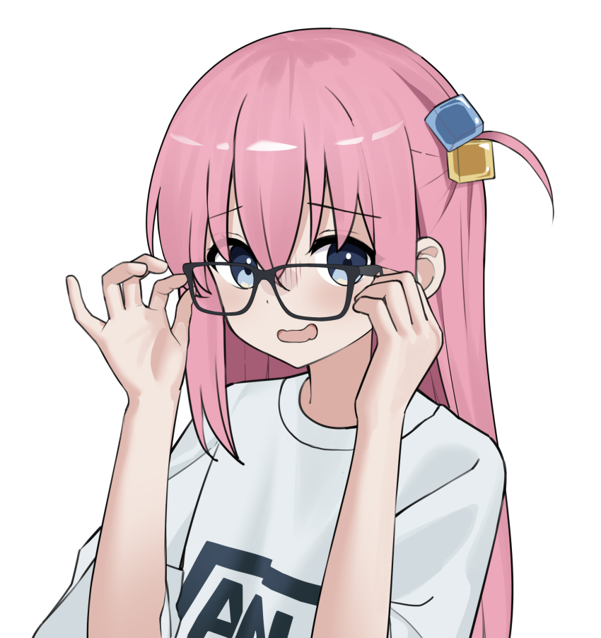 1girl bespectacled black-framed_eyewear blue_eyes blush bocchi_the_rock! casual chinese_commentary clothes_writing commentary cube_hair_ornament glasses gotoh_hitori hair_between_eyes hair_ornament hands_up highres logo long_hair looking_at_viewer nagisa_(cxcx5235) one_side_up open_mouth pink-framed_eyewear pink_hair product_placement shirt short_sleeves solo t-shirt two-tone_eyewear upper_body vans wavy_mouth white_background white_shirt wispy_bangs