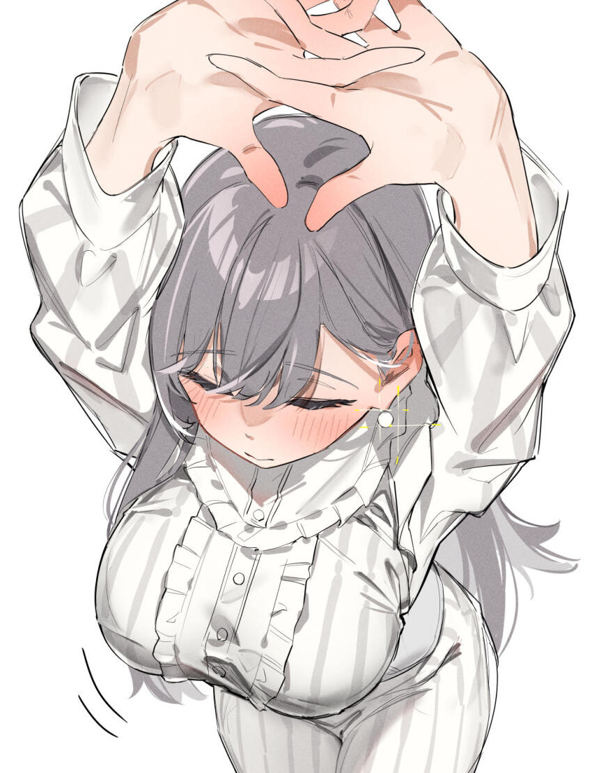 1girl arms_up blush breasts center_frills closed_eyes commentary_request dress earrings frills glint grey_hair highres idolmaster idolmaster_shiny_colors interlocked_fingers jewelry karan large_breasts long_hair long_sleeves own_hands_together pinstripe_pattern simple_background solo very_long_hair white_background white_dress yukoku_kiriko