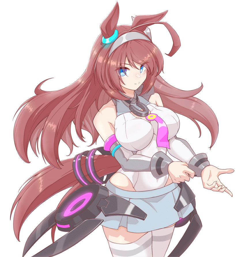 &gt;:) 1girl absurdres ahoge animal_ears bare_shoulders blue_eyes breasts brown_hair closed_mouth commentary_request covered_navel cowboy_shot detached_sleeves flova11 grey_skirt grey_sleeves hairband highres horse_ears horse_girl horse_tail leotard long_hair looking_at_viewer lowleg lowleg_skirt medium_breasts metal_hairband microskirt mihono_bourbon_(umamusume) necktie pink_necktie simple_background skirt sleeveless solo strapless strapless_leotard tail thighhighs umamusume v-shaped_eyebrows white_background white_leotard white_thighhighs