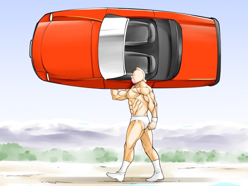 1boy abs biceps car expressionless full_body kazeya_kazuya kinniku_suguru kinnikuman kinnikuman_(character) large_pectorals manly mask motor_vehicle muscular outdoors pectorals sky solo walking wrestling wrestling_mask wrestling_outfit