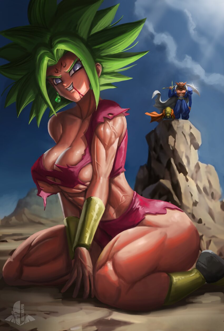 1girl 2boys absurdres alien babidi blood blue_eyes bracelet breasts cape colored_skin dabura dragon_ball dragon_ball_super dragonball_z earrings elite_nappa evil_smile green_hair highres holding holding_weapon horns jewelry kefla_(dragon_ball) kneeling large_breasts majin_vegeta mountain multiple_boys muscular muscular_female muscular_male pants potara_earrings red_skin rock smile spiked_hair sword teeth torn_clothes vegeta veins weapon