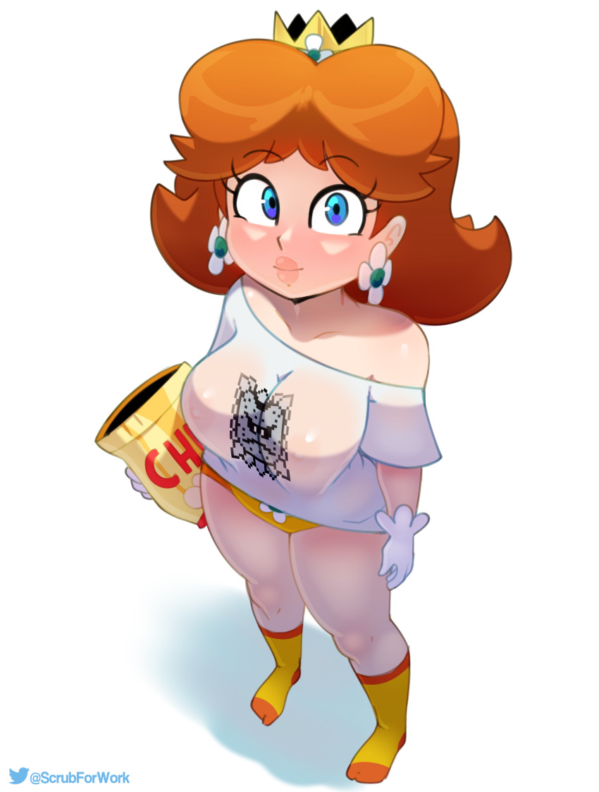 1girl absurdres artist_name bag_of_chips blue_eyes breasts chips_(food) closed_mouth collarbone crown earrings eyelashes flipped_hair floral_print flower_earrings food from_above full_body gloves highres holding holding_food jewelry knees large_breasts legs lips looking_at_viewer mario_(series) medium_hair nintendo nipples off-shoulder_shirt off_shoulder orange_footwear orange_hair orange_panties panties pink_lips pixel_art potato_chips princess_daisy print_shirt see-through_clothes shadow shirt short_sleeves simple_background smile socks solo somescrub sprite standing super_mario_land super_mario_maker thick_lips thighs thwomp twitter_logo twitter_username two-tone_footwear underwear white_background white_gloves white_shirt yellow_footwear yellow_panties