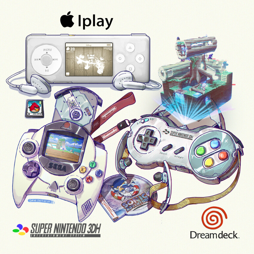 angry_birds apple_inc. artist_name captain_toad:_treasure_tracker cd_case chromatic_aberration dated dreamcast earphones english_text fruit_ninja game_cartridge handheld_game_console highres hologram iwse_zhang logo nintendo no_humans original sega signature sonic_adventure sonic_adventure_pose sonic_the_hedgehog still_life toadette