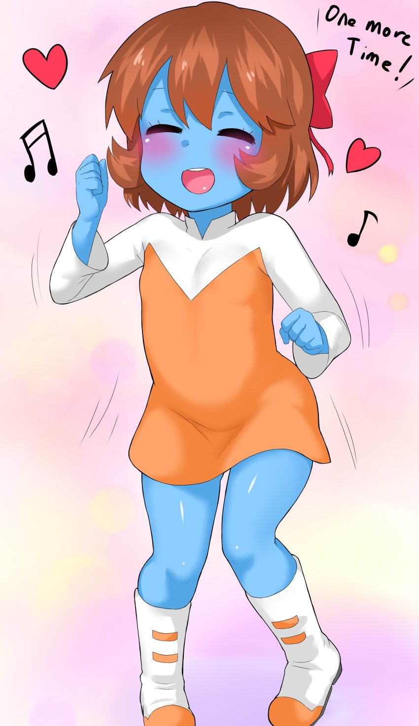 00s 1girl =_= absurdres blue_hair blue_skin blush boots bow child clenched_hands closed_eyes colored_skin dancing dress english_text female_focus flat_chest hair_bow heart highres interstella_5555 lyrics motion_lines musical_note open_mouth pigeon-toed quaver short_hair smile solo vokatron