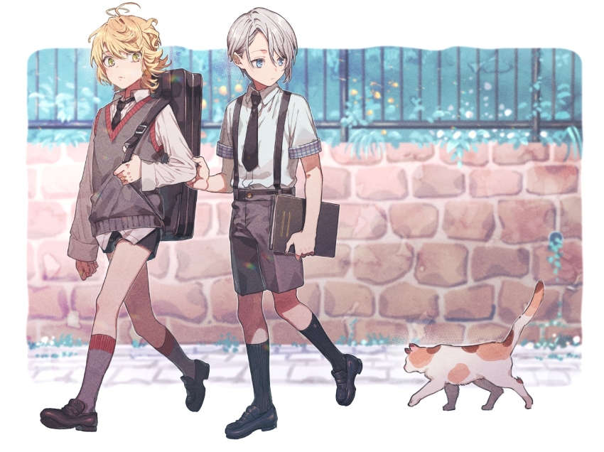 2boys aged_down black_socks blonde_hair blue_eyes calico_(pattern) cat child clothes_grab collared_shirt fence grass grey_legwear gyuunyuu_(mashika) highres kneehighs loafers male_focus multiple_boys nansen_ichimonji necktie shirt shoes shorts sleeve_grab socks suspenders sweater_vest touken_ranbu walking white_hair yamanbagiri_chougi yellow_eyes