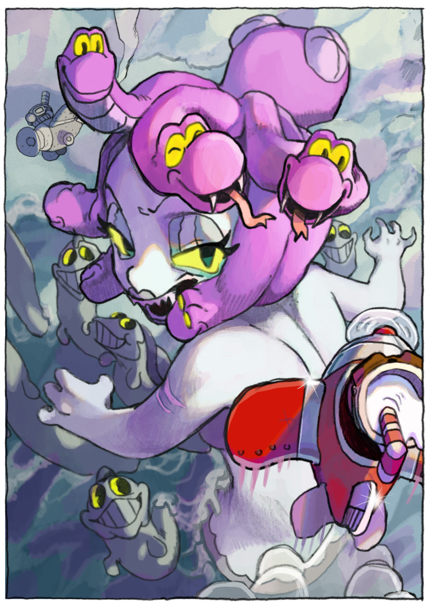 1girl 2boys absurdres aerial_battle aircraft airplane bare_back battle bikini black_eyes bolt_(hardware) border cala_maria_(cuphead) closed_mouth colored_sclera colored_skin commentary_request crazy_smile cuphead cuphead_(game) dogfight doi_m2000 eel eyeshadow fangs forked_tongue from_above glowing glowing_eyes green_eyes green_eyeshadow grey_lips grey_skin grin highres looking_at_viewer looking_back makeup mermaid monster_girl mugman multiple_boys ocean octopus open_mouth partially_submerged petrification purple_hair purple_scales purple_snake retro_artstyle scar scar_on_arm sharp_teeth shell shell_bikini short_hair size_difference smile snake snake_hair teeth tentacle_hair tongue tongue_out upper_body water white_border x_x yellow_eyes yellow_sclera