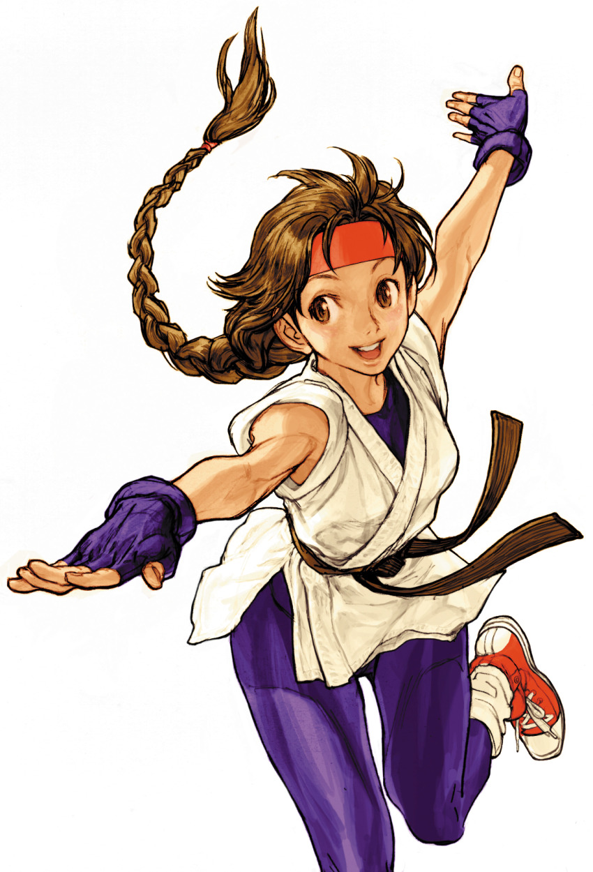 1girl :d braid brown_eyes brown_hair capcom_vs_snk capcom_vs_snk_2 converse dougi fingerless_gloves game_cg gloves headband highres martial_arts_belt nishimura_kinu non-web_source official_art open_mouth outstretched_arms red_headband ryuuko_no_ken shoes sleeveless smile sneakers snk solo spandex teeth the_king_of_fighters upper_teeth_only yuri_sakazaki