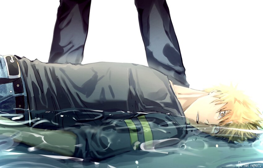 1boy 1other belt bleach commentary_request highres kurosaki_ichigo long_sleeves lying on_back orange_eyes orange_hair parted_lips partially_submerged shirt_tucked_in short_hair siji105 simple_background sleeves_pushed_up standing teeth water white_background