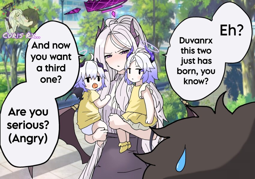 2boys 2girls angry baby black_hair blue_archive carrying carrying_baby carrying_person child demon_horns demon_wings dress english_text engrish_text gradient_hair grey_hair halo highres hina_(blue_archive) horns long_hair mother_and_daughter mother_and_son multicolored_hair multiple_boys multiple_girls pacifier purple_hair ranguage rx_duvan sensei_(blue_archive) shirt short_hair siblings speech_bubble sweatdrop twins very_long_hair wings yellow_dress yellow_shirt