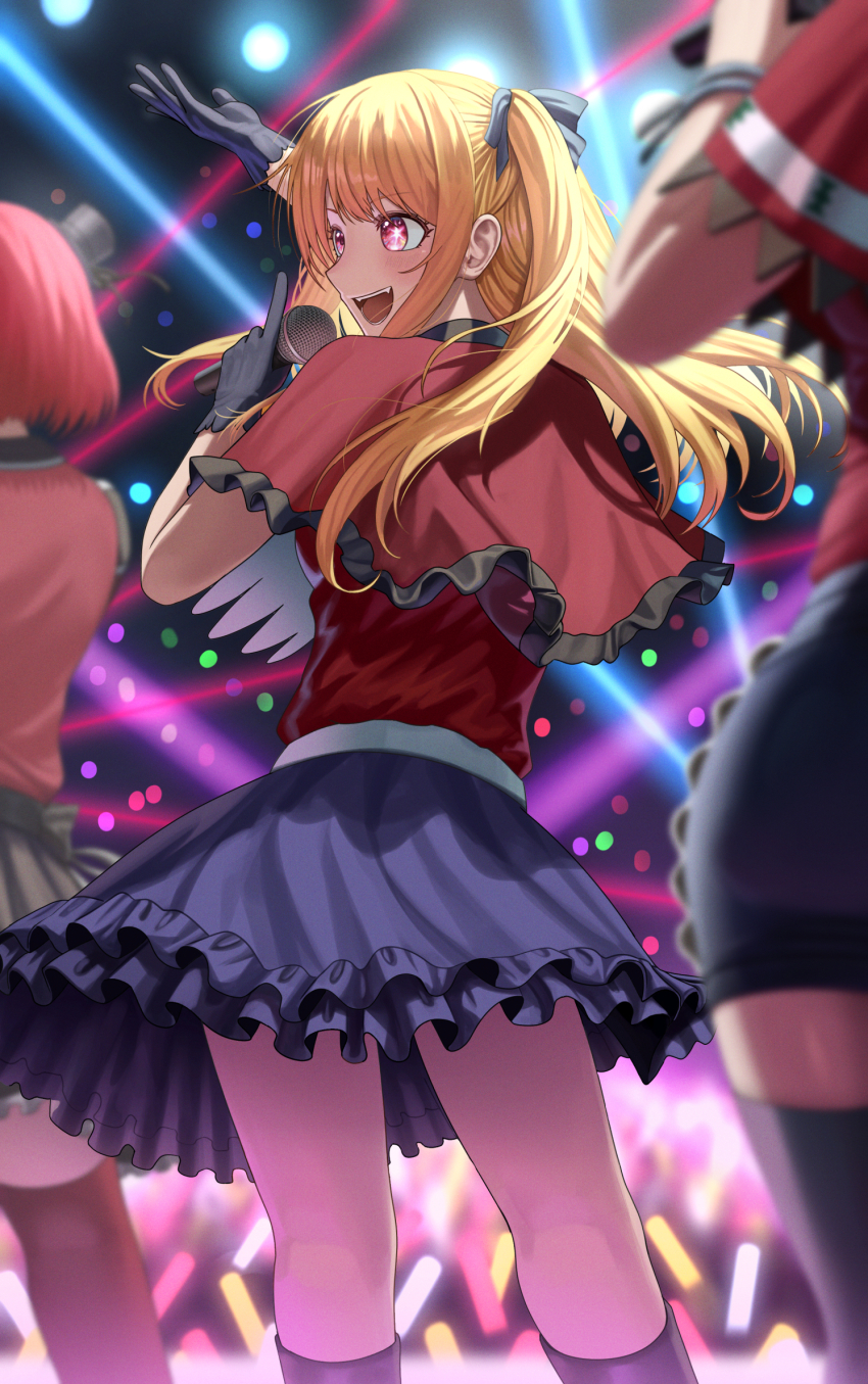3girls arima_kana arm_up b-komachi_(new) black_gloves blonde_hair blue_skirt blush capelet commentary_request frilled_capelet frilled_skirt frills from_behind gloves glowstick highres holding holding_microphone hoshino_ruby idol idol_clothes index_finger_raised long_hair looking_to_the_side mem-cho microphone miniskirt mismatched_pupils multiple_girls one_side_up open_mouth oshi_no_ko pink_eyes red_capelet red_shirt shirt silvertsuki skirt smile solo_focus star-shaped_pupils star_(symbol) symbol-shaped_pupils