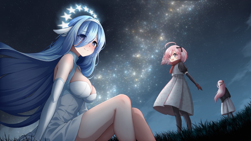 3girls absurdres ahoge axelsworks azur_lane black_ribbon blue_hair blush breasts cleavage closed_mouth constellation_(azur_lane) dress elbow_gloves eyes_visible_through_hair frilled_dress frills gloves grass hair_over_one_eye hair_ribbon hairband highres large_breasts lexington_(azur_lane) long_bangs long_hair looking_at_viewer multiple_girls night night_sky outdoors pink_hair purple_eyes red_scarf ribbon saratoga_(azur_lane) scarf short_dress short_hair sitting sky smile star_(sky) starry_sky very_long_hair white_dress white_gloves white_hairband