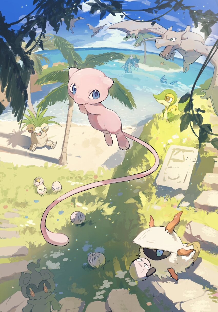 aerodactyl blue_eyes brown_eyes bug claws dedenne egg exeggcute exeggutor fangs fins floating flying game_freak gen_1_pokemon gen_5_pokemon gen_6_pokemon gen_7_pokemon grass green_eyes gyarados head_fins highres holding holding_pokemon horns island larvesta legendary_pokemon looking_at_viewer marshadow marshadow_(gloom) mew_(pokemon) moufuillust mythical_pokemon nintendo no_humans on_grass open_mouth outdoors palm_tree plant pokemon pokemon_(creature) pokemon_focus pokemon_tcg pokemon_tcg_pocket red_eyes snivy stairs stone_stairs swimming tail tree vaporeon water white_fur wings