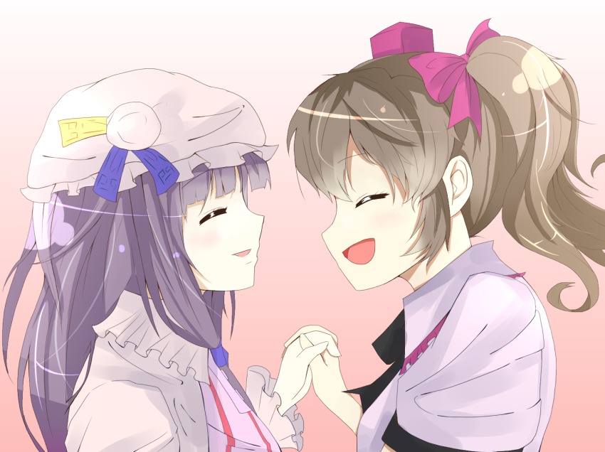 2girls ^_^ bad_id bad_pixiv_id black_emperor blunt_bangs blush bow brown_hair closed_eyes crossover hair_bow hair_tubes hat highres himekaidou_hatate holding_hands interlocked_fingers long_hair misao multiple_girls open_mouth parody patchouli_knowledge ponytail purple_hair short_ponytail sidelocks smile style_parody touhou